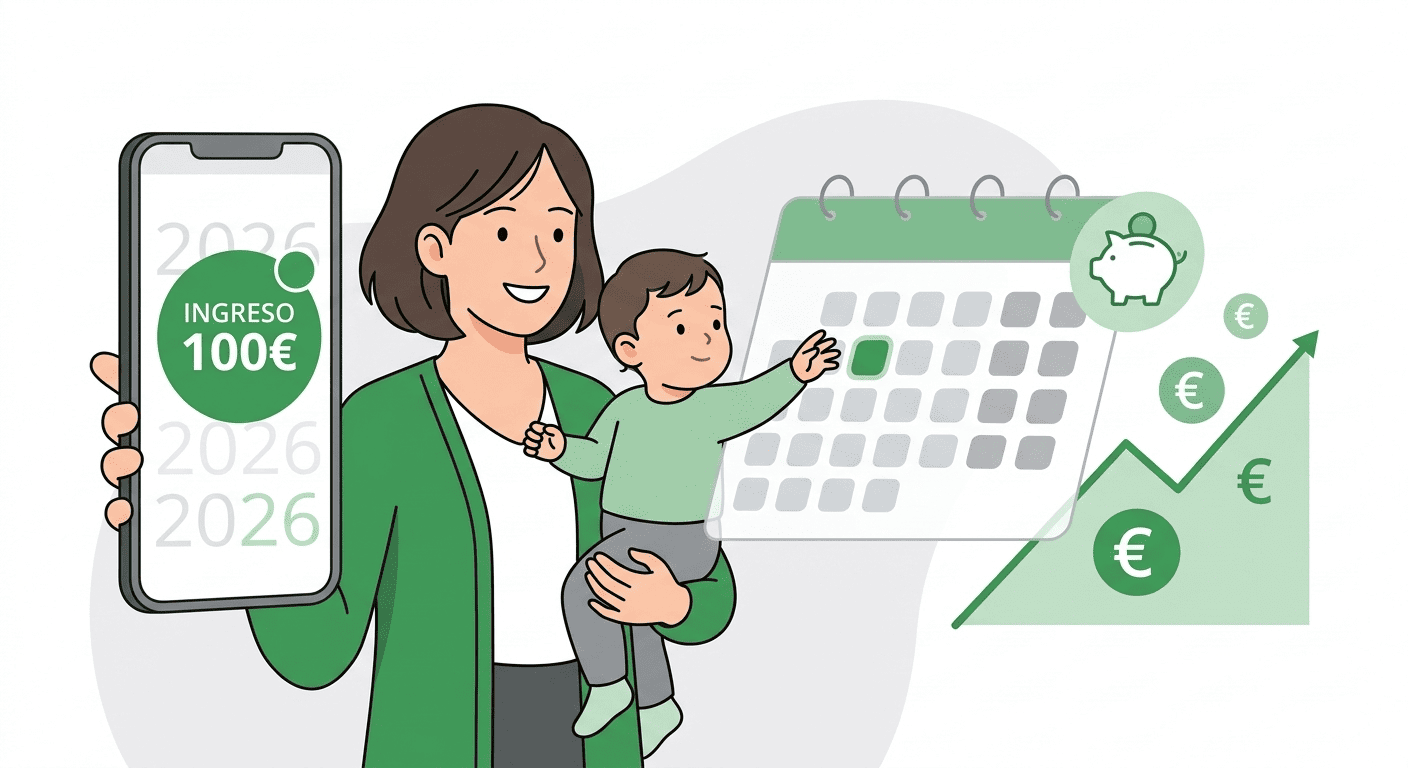 Ilustración que muestra a una madre y su hijo consultando un calendario de pagos para el año 2026, con una notificación de ingreso de 100 euros en un teléfono móvil y símbolos de Euro.