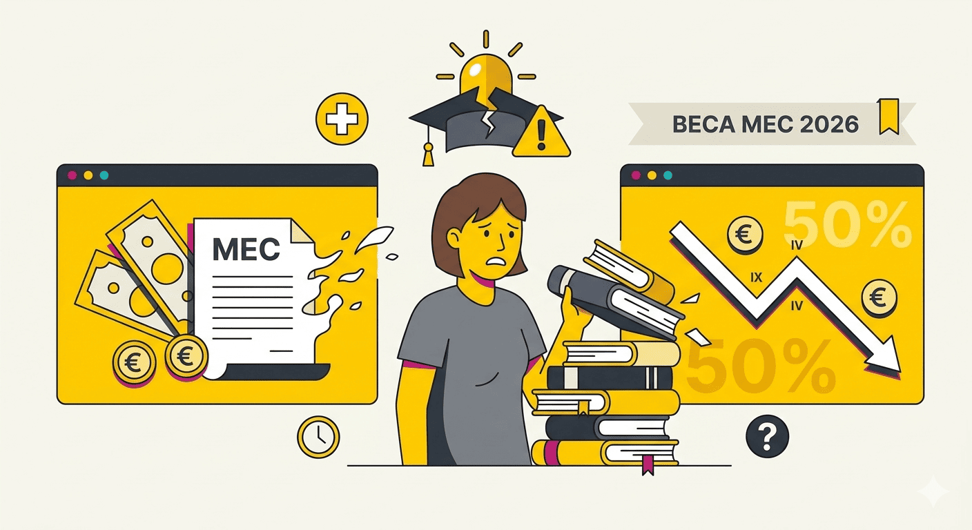 Infografía de alerta sobre la beca MEC 2026, mostrando el riesgo de devolución de dinero si se suspende más del 50% de las asignaturas, con iconos de advertencia y libros