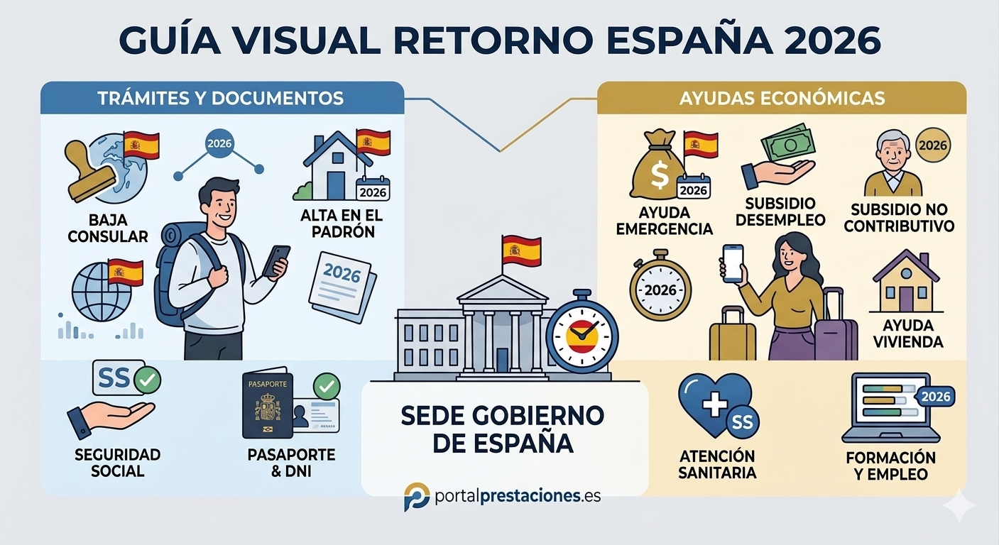 Infografía sobre el retorno a España en 2026. Muestra de forma simplificada los trámites obligatorios (Baja consular, Padrón, DNI) y las principales ayudas económicas disponibles (Subsidios, ayuda de emergencia y vivienda).