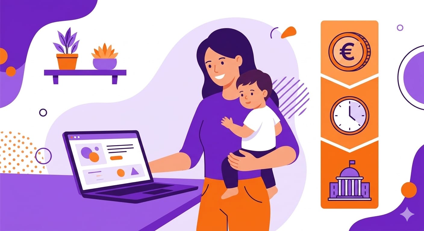 Ilustración de una madre con su hijo frente a un ordenador consultando el trámite de la deducción por maternidad estando en el paro en 2026, con iconos de dinero, tiempo y administración pública