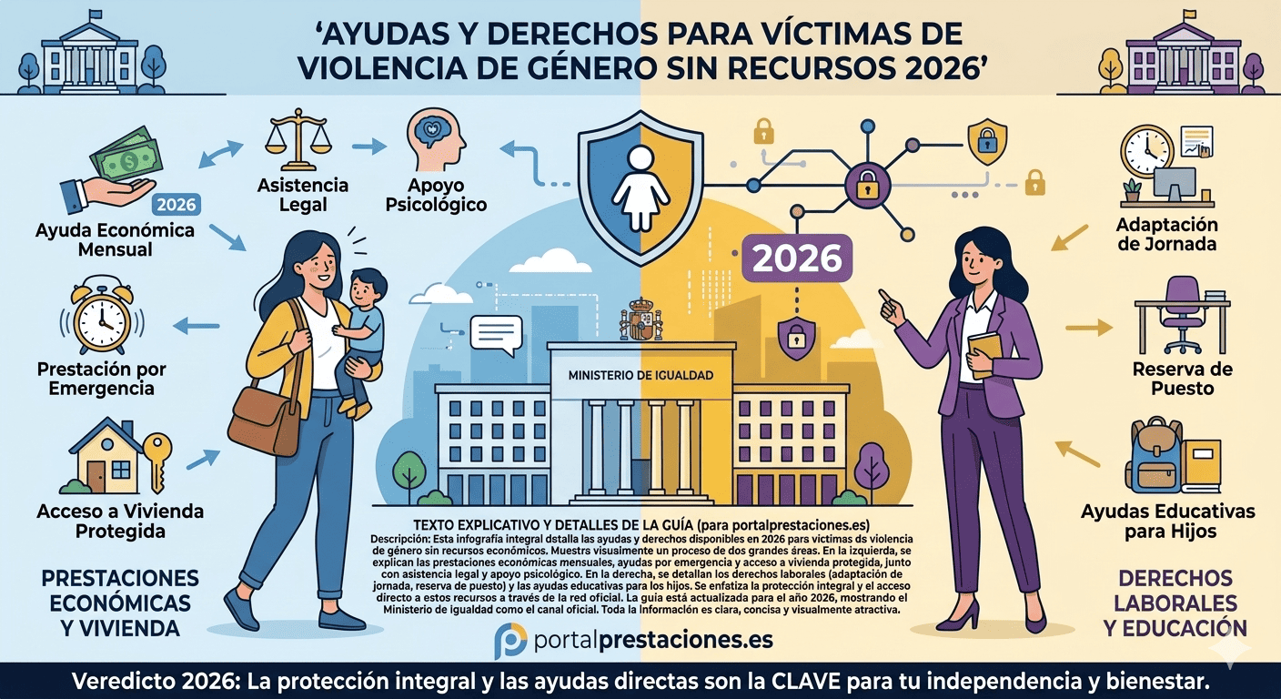 Infografía detallada sobre ayudas y derechos para víctimas de violencia de género sin recursos en 2026. Muestra prestaciones económicas, vivienda, derechos laborales y educación, con el Ministerio de Igualdad como referente central.