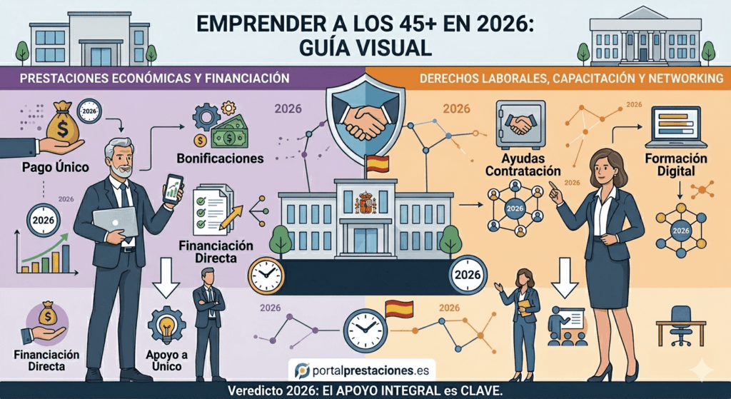 nfografía visual sobre ayudas para emprendedores mayores de 45 años en España en 2026. Muestra iconos de pago único, bonificaciones, financiación directa y formación digital para el autoempleo.