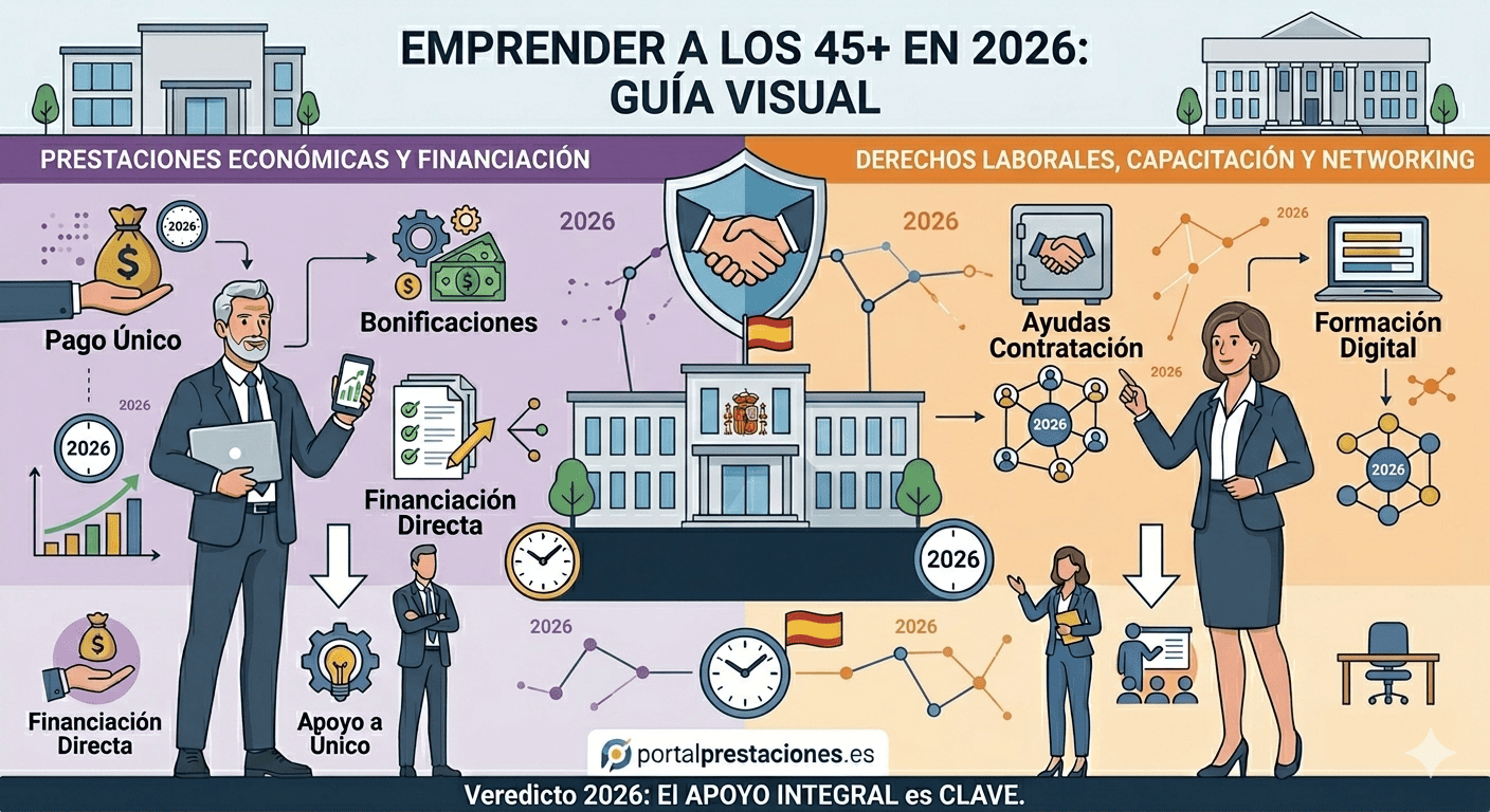 nfografía visual sobre ayudas para emprendedores mayores de 45 años en España en 2026. Muestra iconos de pago único, bonificaciones, financiación directa y formación digital para el autoempleo.