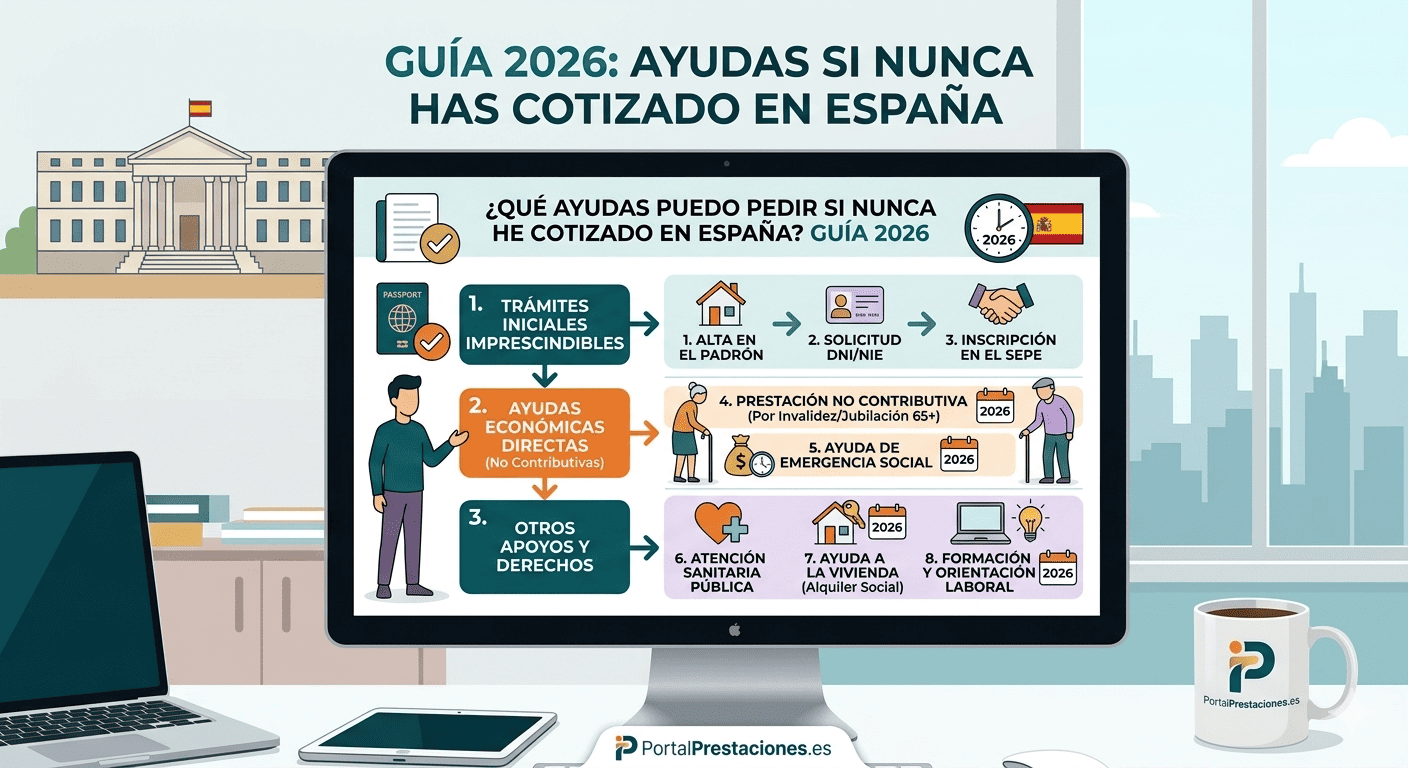 Infografía en una pantalla de ordenador que detalla las ayudas en España para 2026 sin haber cotizado. Incluye trámites iniciales (Padrón, DNI/NIE, SEPE), ayudas económicas no contributivas (invalidez/jubilación) y apoyos adicionales como sanidad pública y alquiler social.