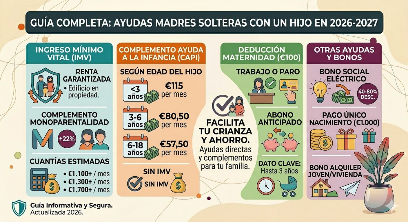 Guía visual de ayudas para madres solteras en 2026: incluye el Ingreso Mínimo Vital, la ayuda a la infancia de 115 euros, la deducción por maternidad y el bono social térmico.