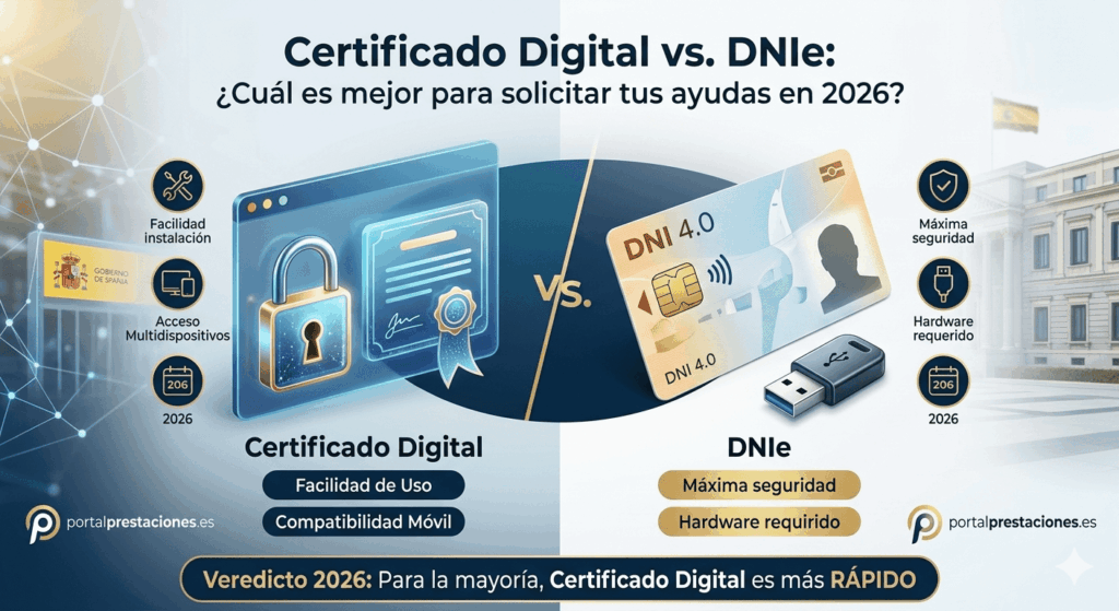 Infografía comparativa entre un Certificado Digital de la FNMT y un DNI electrónico 4.0 sobre un fondo tecnológico azul y dorado.