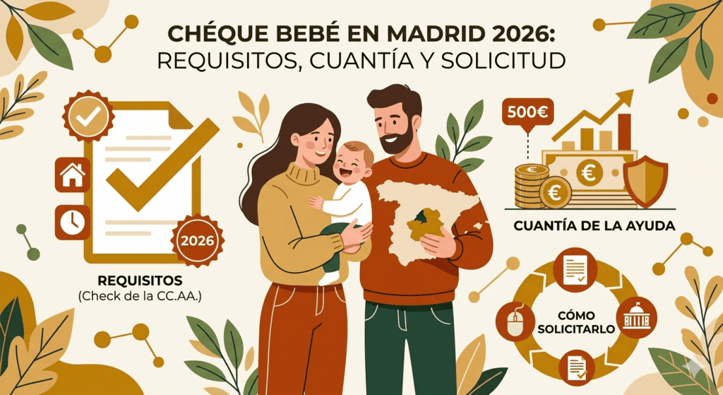 Ilustración de estilo natural en tonos tierra que muestra a una familia celebrando la llegada de un bebé, con un mapa regional de fondo y un icono de una bolsa de dinero simbolizando la ayuda por nacimiento.