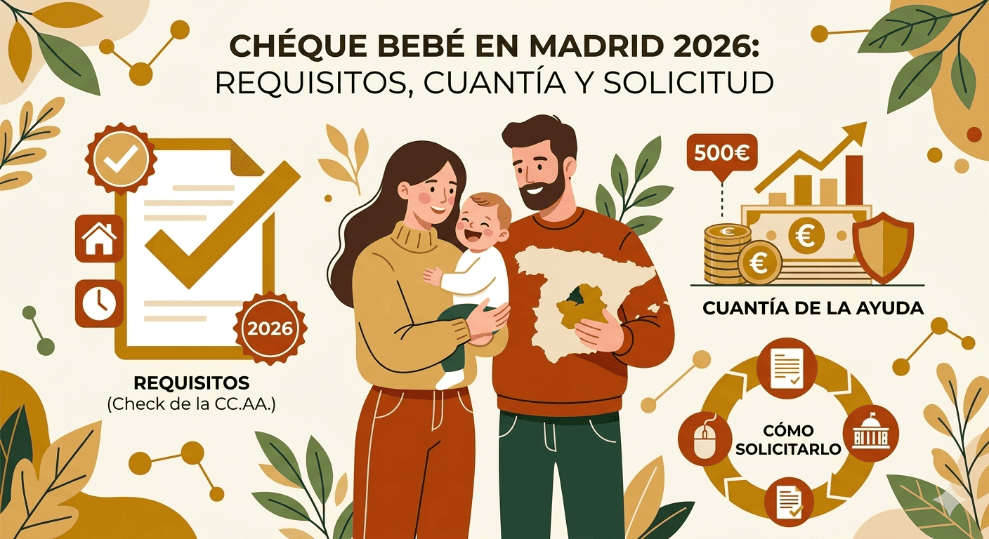 Ilustración de estilo natural en tonos tierra que muestra a una familia celebrando la llegada de un bebé, con un mapa regional de fondo y un icono de una bolsa de dinero simbolizando la ayuda por nacimiento.