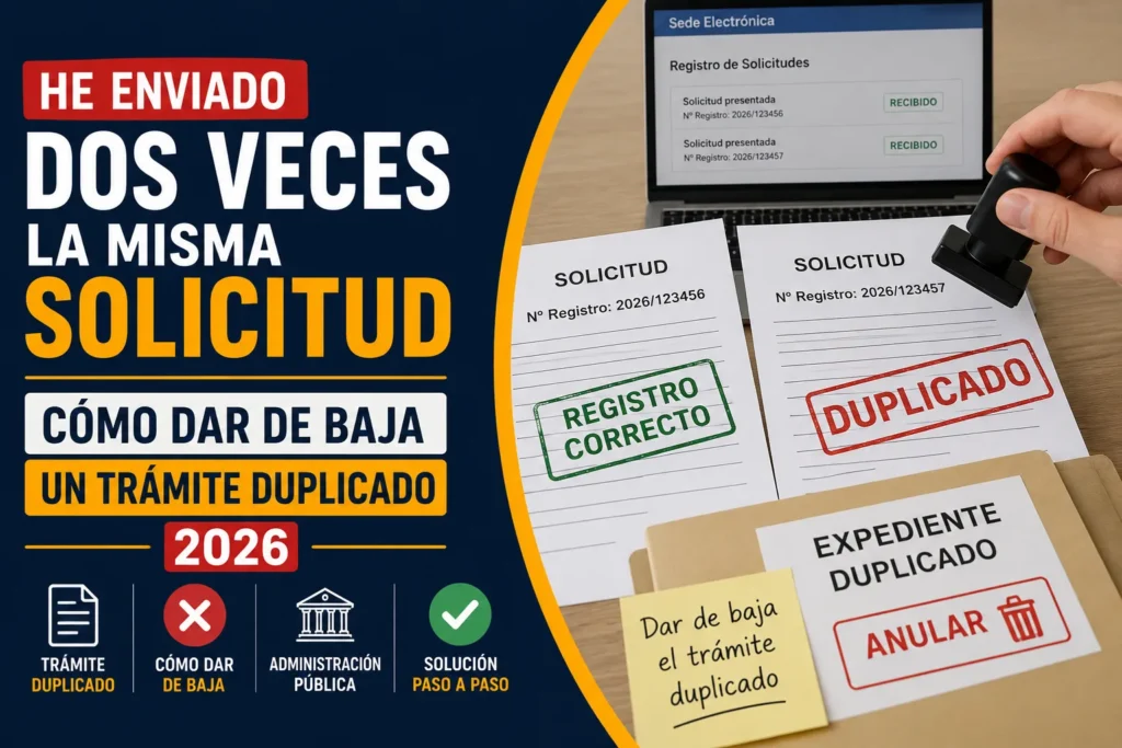 Infografía sobre cómo dar de baja una solicitud duplicada presentada por error ante una administración pública, con información sobre el procedimiento para anular el trámite duplicado y evitar incidencias en el expediente.