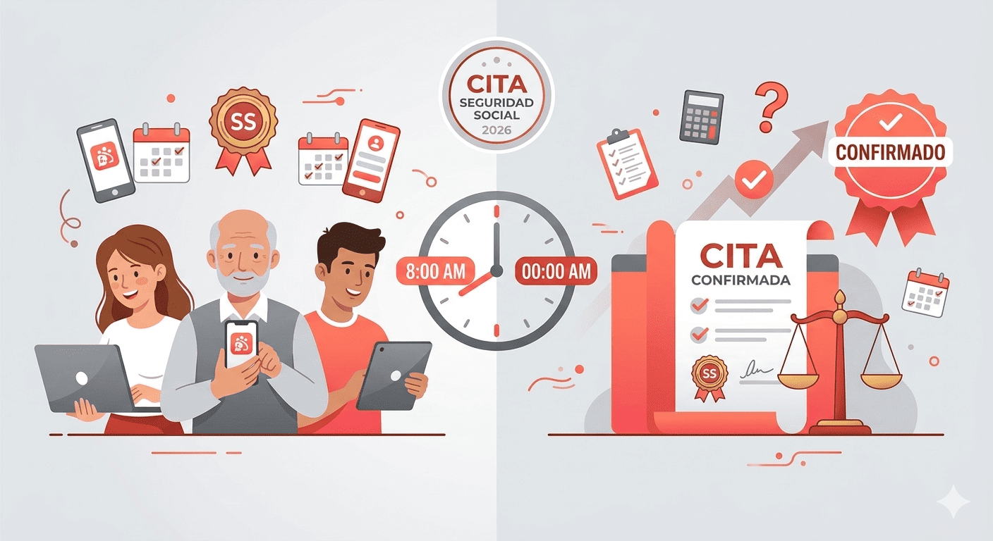 Infografía con trucos para conseguir cita previa en la Seguridad Social en 2026, mostrando un reloj, un smartphone con la app oficial y un dedo pulsando 'Confirmar' en tonos rojo y gris.
