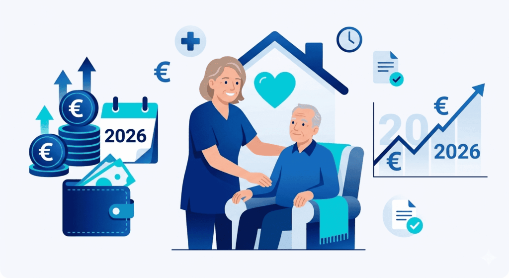 Infografía sobre las cuantías de la Ley de Dependencia Grado 2 en 2026, mostrando iconos de monedas, un cuidador familiar y una tabla de pagos mensuales en tonos azules.