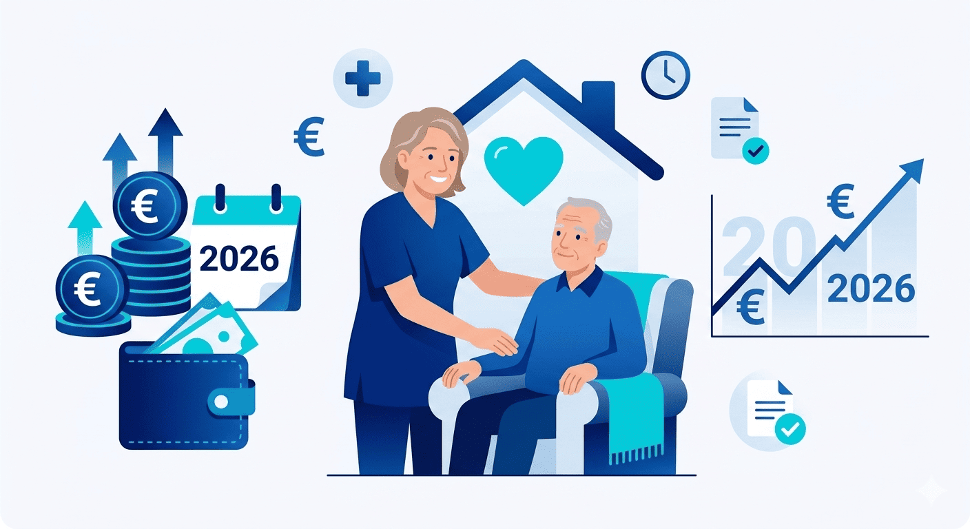Infografía sobre las cuantías de la Ley de Dependencia Grado 2 en 2026, mostrando iconos de monedas, un cuidador familiar y una tabla de pagos mensuales en tonos azules.
