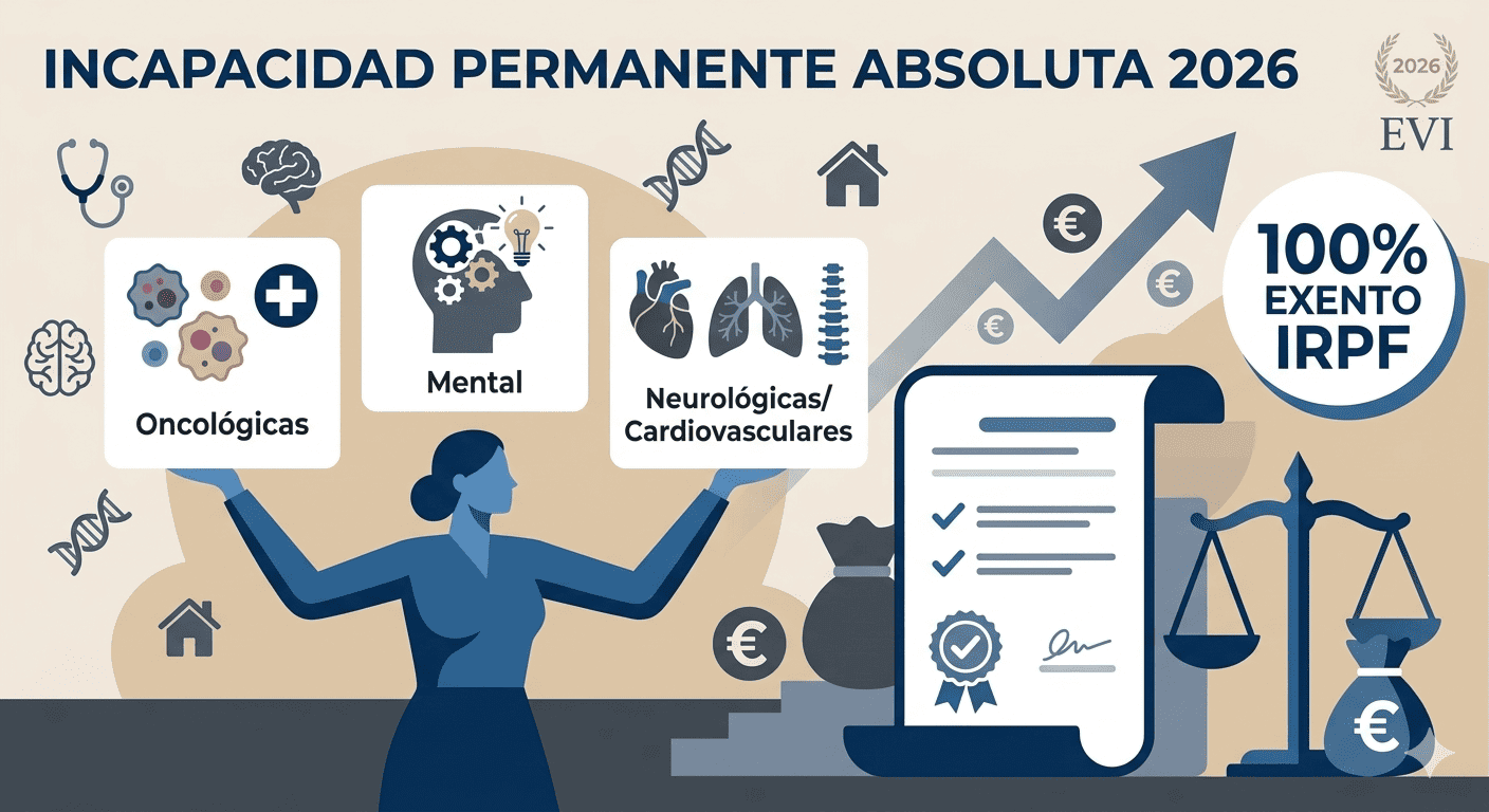 Infografía médica y legal sobre la incapacidad permanente absoluta en 2026, mostrando iconos de diferentes sistemas del cuerpo (cerebro, corazón, pulmones) y un mazo de juez simbolizando la jurisprudencia.