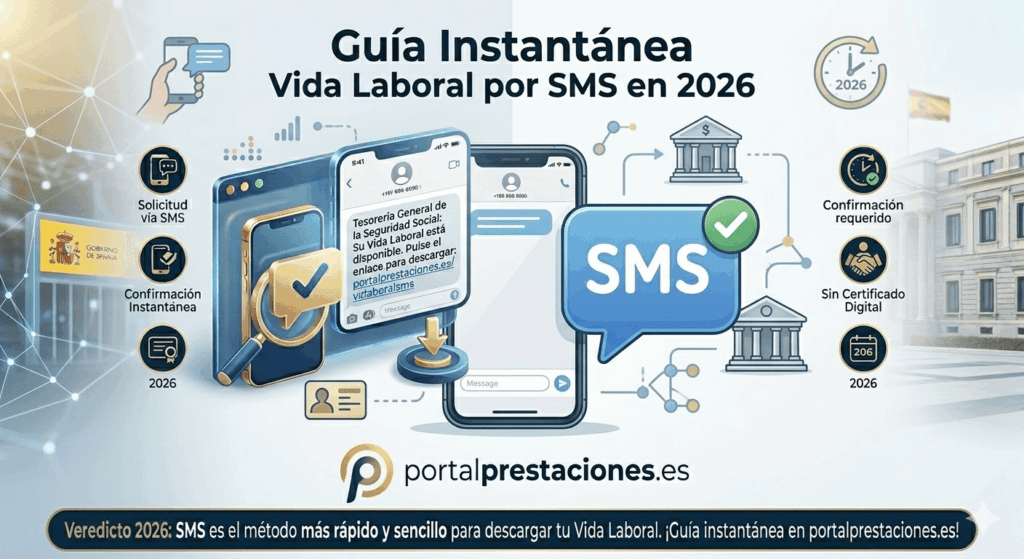 Infografía explicativa sobre cómo descargar la Vida Laboral por SMS en 2026. Muestra un teléfono móvil recibiendo el mensaje oficial de la Seguridad Social y los pasos para la confirmación instantánea sin certificado digital.