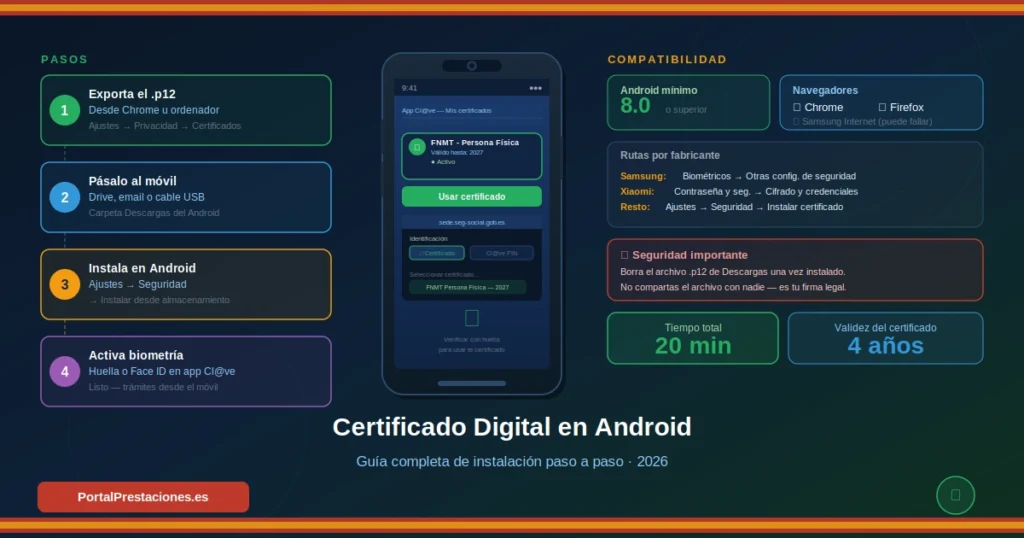 Infografía con los 4 pasos para instalar el certificado digital en un móvil Android: exportar el .p12, pasarlo al móvil, instalarlo en Ajustes de seguridad y activar la biometría en la app Cl@ve