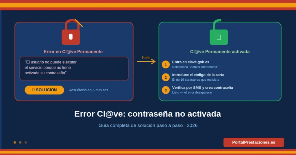 Infografía que explica cómo resolver el error de Cl@ve "El usuario no puede ejecutar el servicio porque no tiene activada su contraseña" con los pasos para activar Cl@ve Permanente