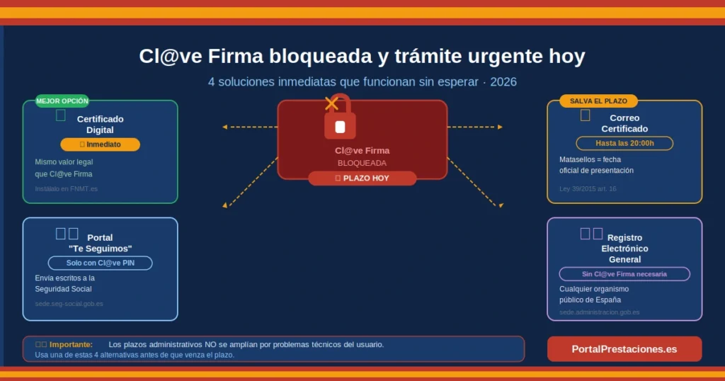 Infografía con las 4 alternativas cuando Cl@ve Firma está bloqueada y tienes un trámite urgente: certificado digital, portal Te Seguimos, correo certificado y Registro Electrónico General