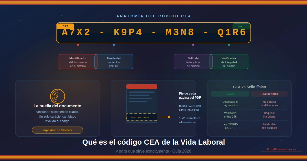 Diagrama que explica qué es el código CEA de la Vida Laboral: anatomía del código con sus 4 bloques, dónde encontrarlo en el PDF y comparativa entre el CEA y el sello físico tradicional
