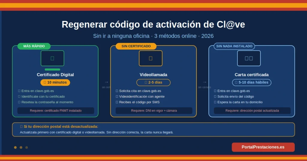 Infografía con los 3 métodos para regenerar el código de activación de Cl@ve Permanente por internet: con certificado digital en 10 minutos, por videollamada en 2-5 días, o por carta certificada en 5-10 días hábiles