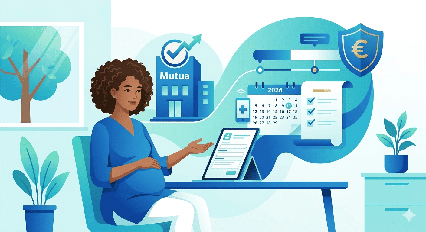 Ilustración de estilo moderno en tonos azules y turquesas de una mujer autónoma embarazada trabajando en su despacho con un ordenador y documentos, simbolizando la solicitud de la prestación por riesgo durante el embarazo en 2026.