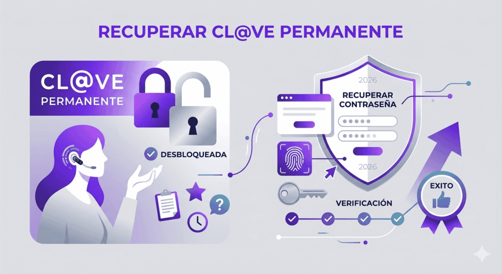 Infografía paso a paso para recuperar la contraseña de Cl@ve Permanente bloqueada en 2026, con iconos de candado abierto, smartphone y verificación de seguridad.