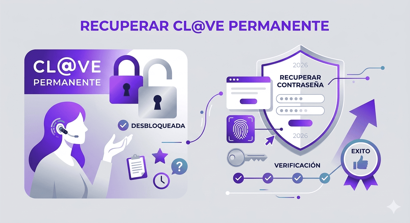 Infografía paso a paso para recuperar la contraseña de Cl@ve Permanente bloqueada en 2026, con iconos de candado abierto, smartphone y verificación de seguridad.