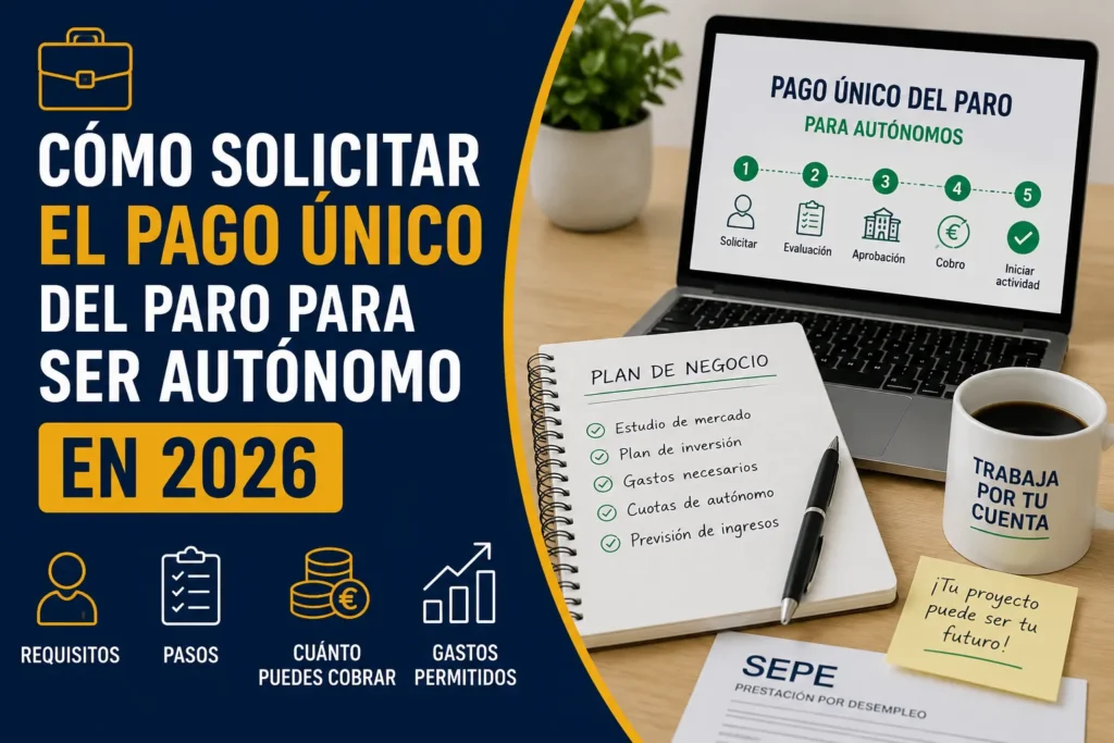 Guía visual sobre cómo solicitar el pago único del paro para hacerse autónomo en 2026, con información sobre requisitos, pasos, importe y gastos permitidos.