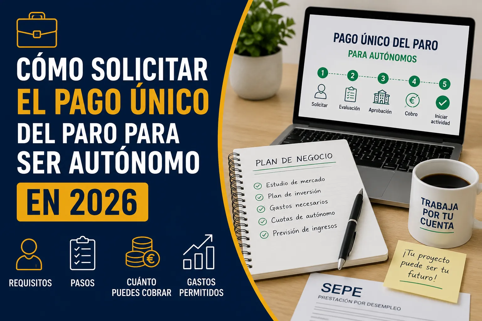 Guía visual sobre cómo solicitar el pago único del paro para hacerse autónomo en 2026, con información sobre requisitos, pasos, importe y gastos permitidos.