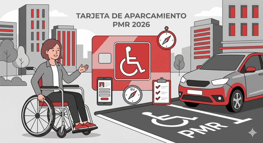 Ilustración de una tarjeta de estacionamiento para personas con movilidad reducida junto a un vehículo adaptado y un icono de ubicación en el mapa, en tonos rojos y grises.
