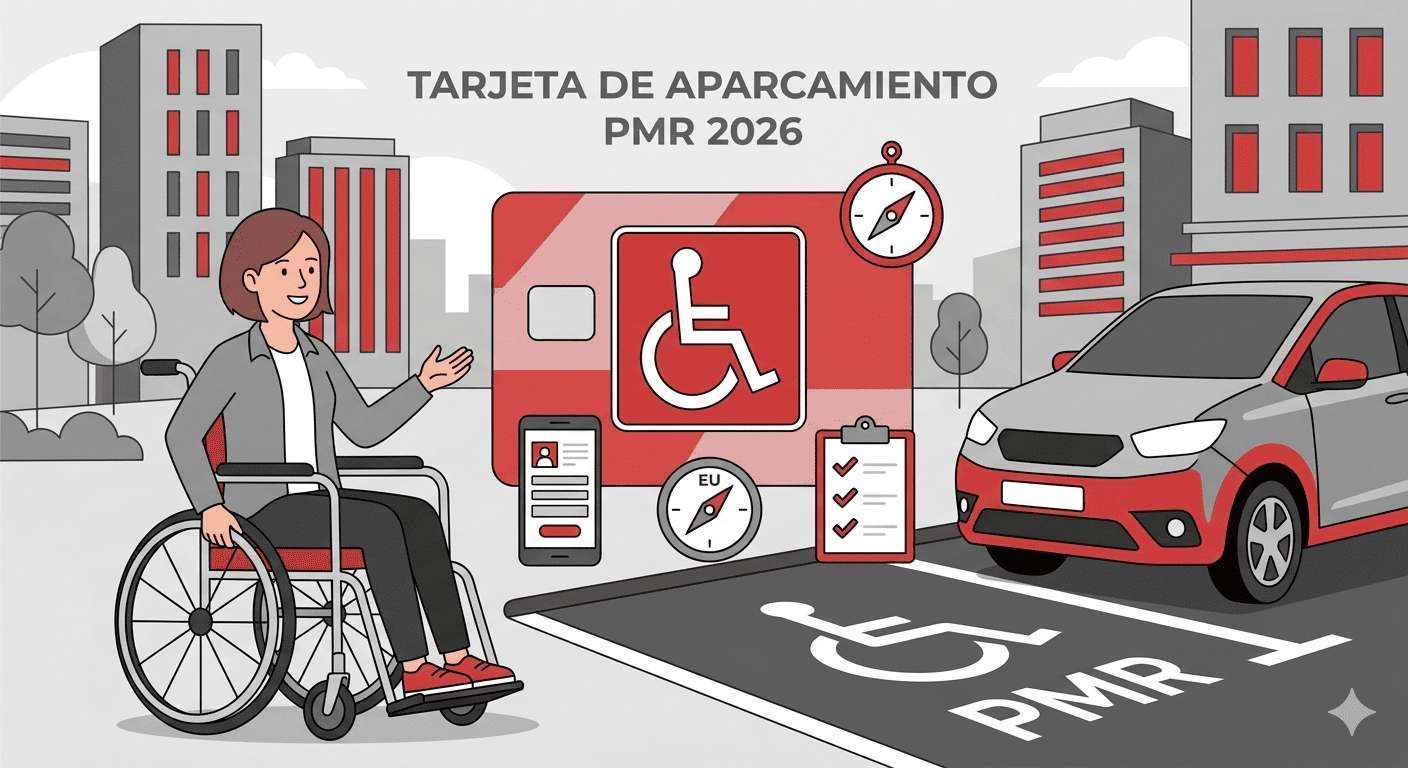 Ilustración de una tarjeta de estacionamiento para personas con movilidad reducida junto a un vehículo adaptado y un icono de ubicación en el mapa, en tonos rojos y grises.