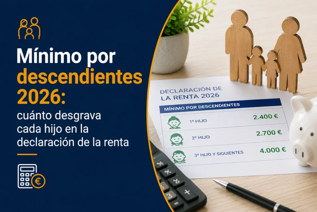 Tabla con las cuantías del mínimo por descendientes en la declaración de la renta 2026 según el número de hijos y su edad