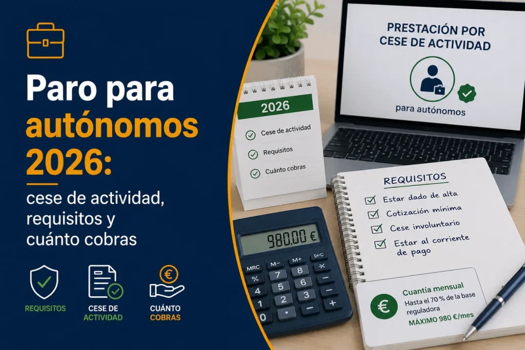 Infografía sobre el cese de actividad para autónomos en 2026 en España: requisitos, duración de la prestación y cuánto se cobra según las cotizaciones acumuladas