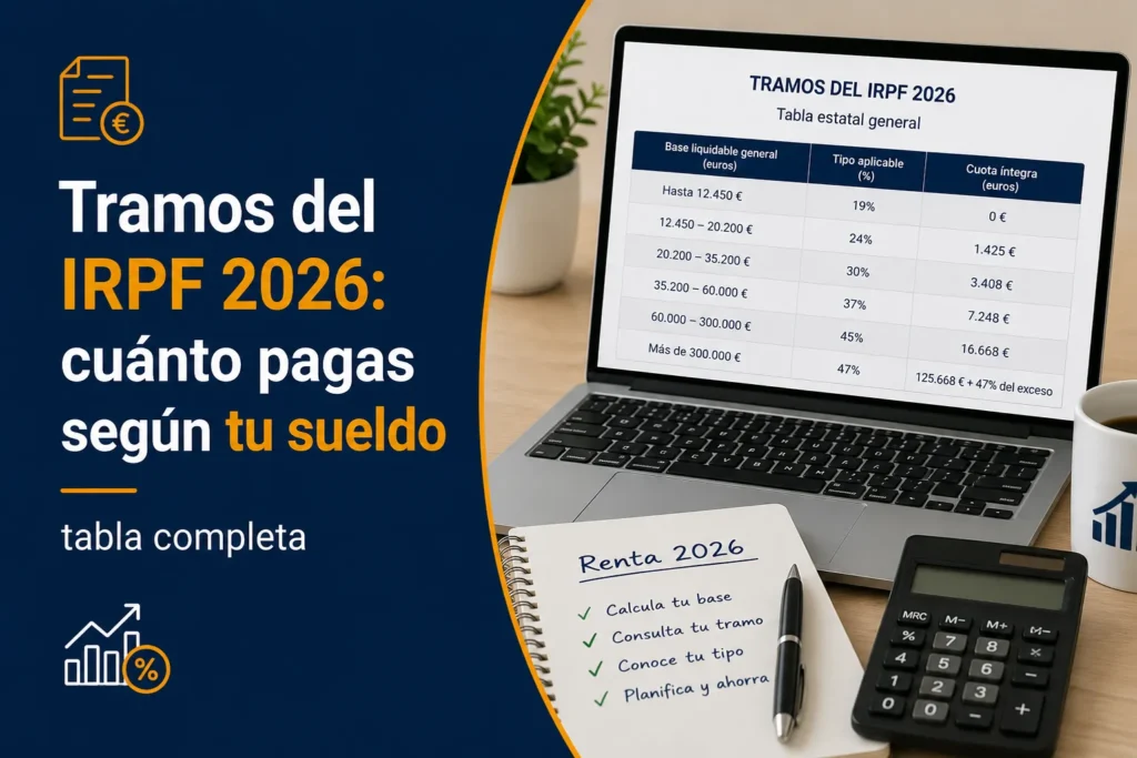 Tabla completa con los tramos del IRPF 2026 en España y el porcentaje de retención aplicable según el nivel de ingresos anuales
