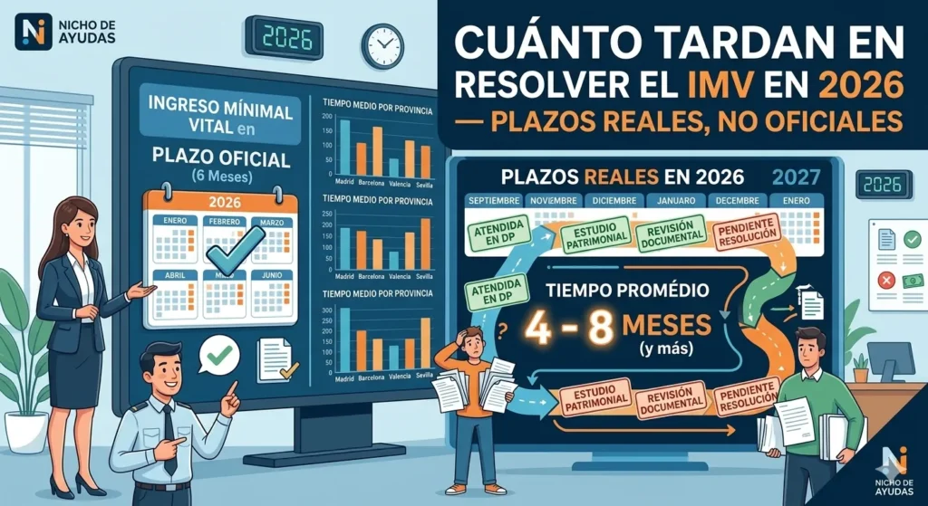 Infografía comparativa de plazos del IMV 2026: contraste entre el plazo oficial de 6 meses y la media real de 4 a 8 meses por provincias.
