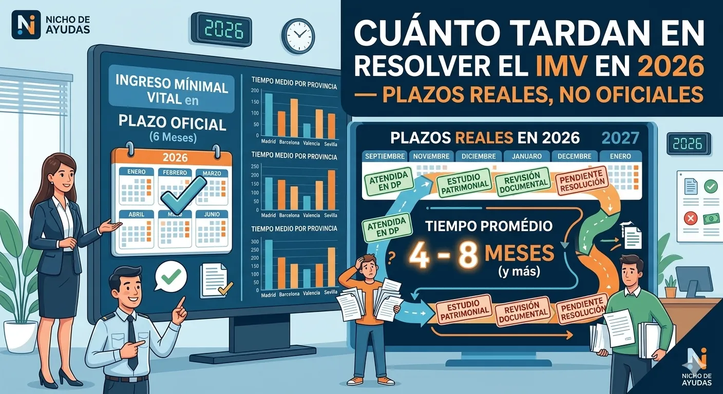 Infografía comparativa de plazos del IMV 2026: contraste entre el plazo oficial de 6 meses y la media real de 4 a 8 meses por provincias.