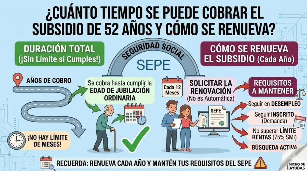 Infografía detallada que explica cuánto tiempo se cobra el subsidio de mayores de 52 años (hasta la jubilación ordinaria) y cómo se renuevan los períodos (cada 12 meses, manteniendo los requisitos del SEPE).