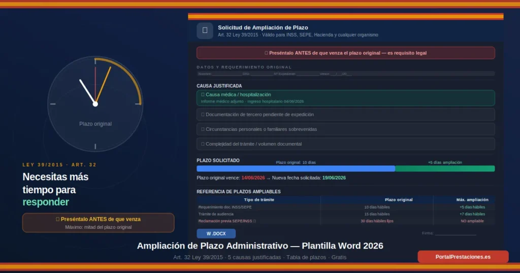 Plantilla Word gratuita para solicitar una ampliación de plazo administrativo por causas justificadas, con reloj visual del plazo original, cinco tipos de causa con checkboxes, barra comparativa del plazo original y la ampliación solicitada, y tabla de referencia con los plazos ampliables en trámites del INSS y el SEPE