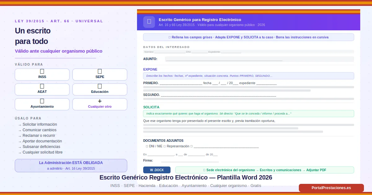 Plantilla Word gratuita con escrito genérico adaptable para presentar en el registro electrónico de cualquier organismo público español, válido para INSS, SEPE, AEAT, Educación y ayuntamientos, con secciones EXPONE y SOLICITA personalizables y tabla de referencia de sedes electrónicas