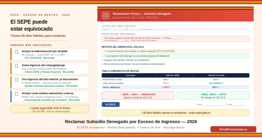 Plantilla Word gratuita para reclamar el subsidio denegado por exceso de rentas, con los 4 errores más frecuentes del SEPE, tabla comparativa cálculo incorrecto vs correcto y la jurisprudencia del Tribunal Supremo sobre la indemnización por despido