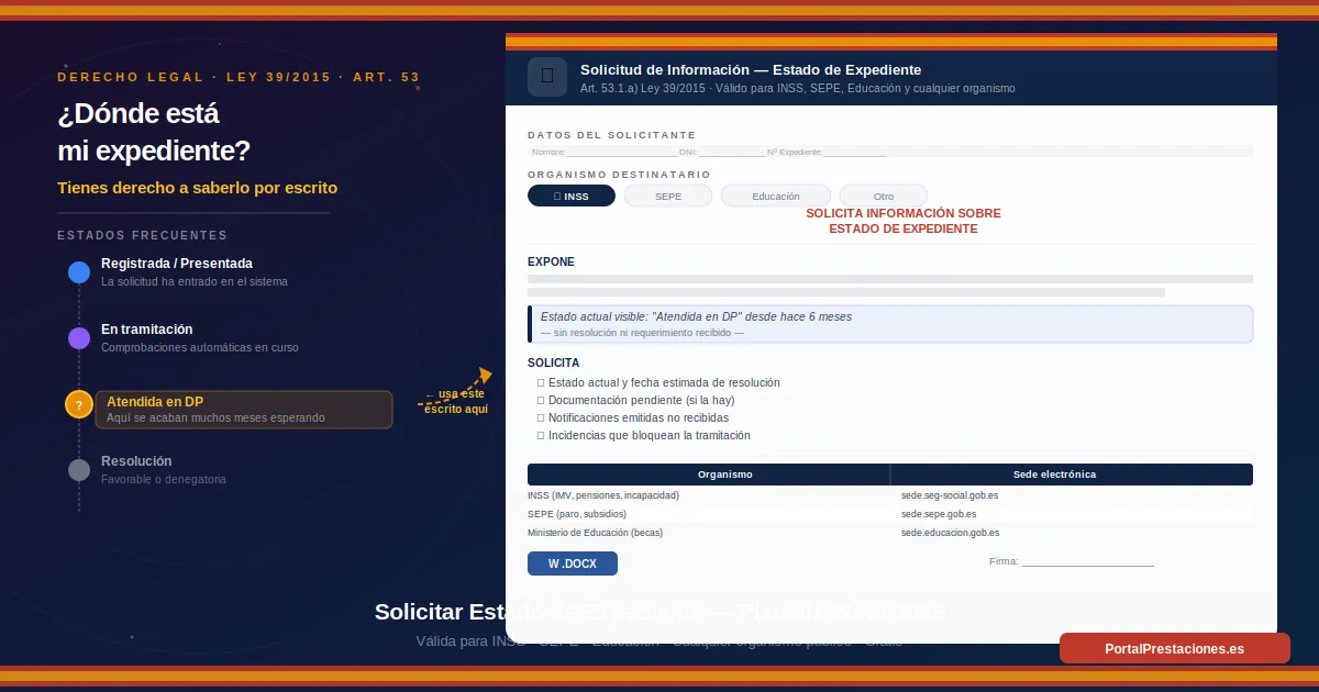 Plantilla Word gratuita para solicitar información sobre el estado de un expediente administrativo al INSS, SEPE o cualquier organismo público, con el timeline de estados desde registrada hasta resolución y la tabla de sedes electrónicas