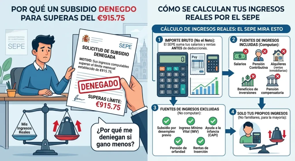 Infografía dividida en dos partes: la izquierda muestra a un usuario recibiendo una denegación del SEPE por superar los 915,75€, y la derecha desglosa paso a paso cómo calcula el SEPE los ingresos reales usando el importe bruto.