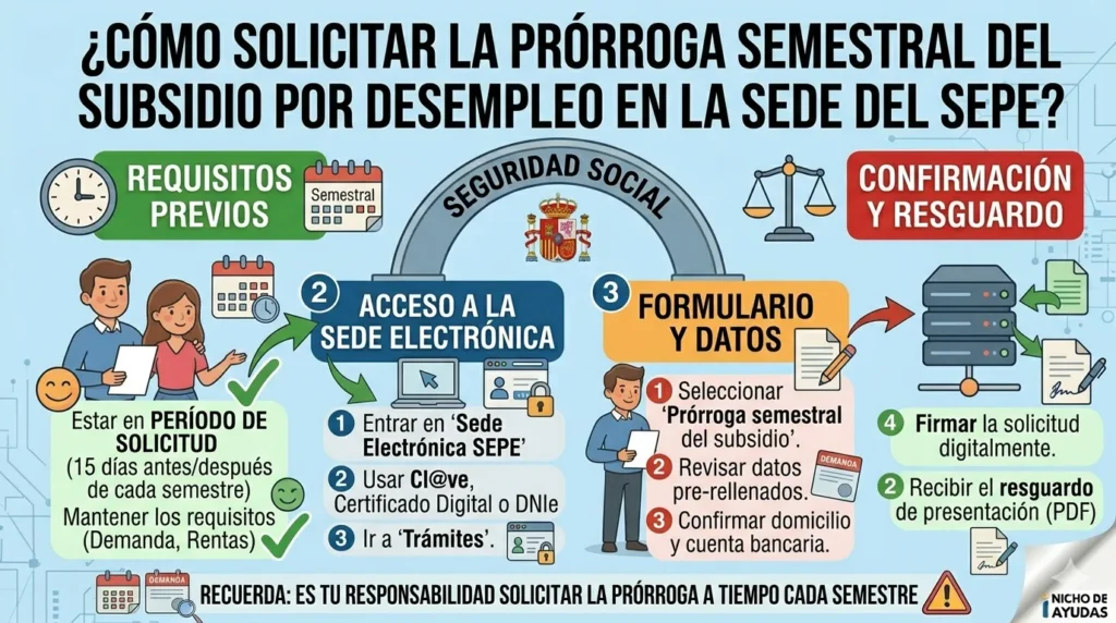 Infografía paso a paso que explica cómo solicitar la prórroga semestral del subsidio por desempleo en la Sede Electrónica del SEPE, detallando los requisitos previos, el acceso con Cl@ve o certificado, el formulario de datos y el resguardo final.