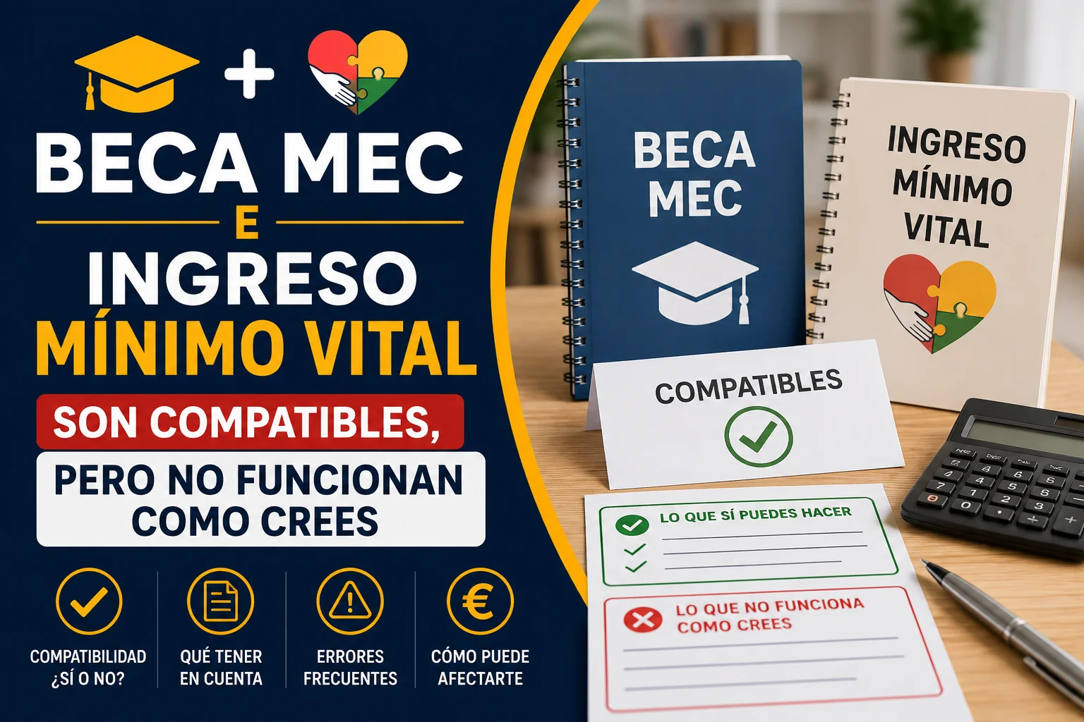 Infografía sobre la compatibilidad entre la beca MEC y el Ingreso Mínimo Vital, con información sobre cómo se relacionan ambas ayudas, los requisitos y los aspectos que conviene tener en cuenta.