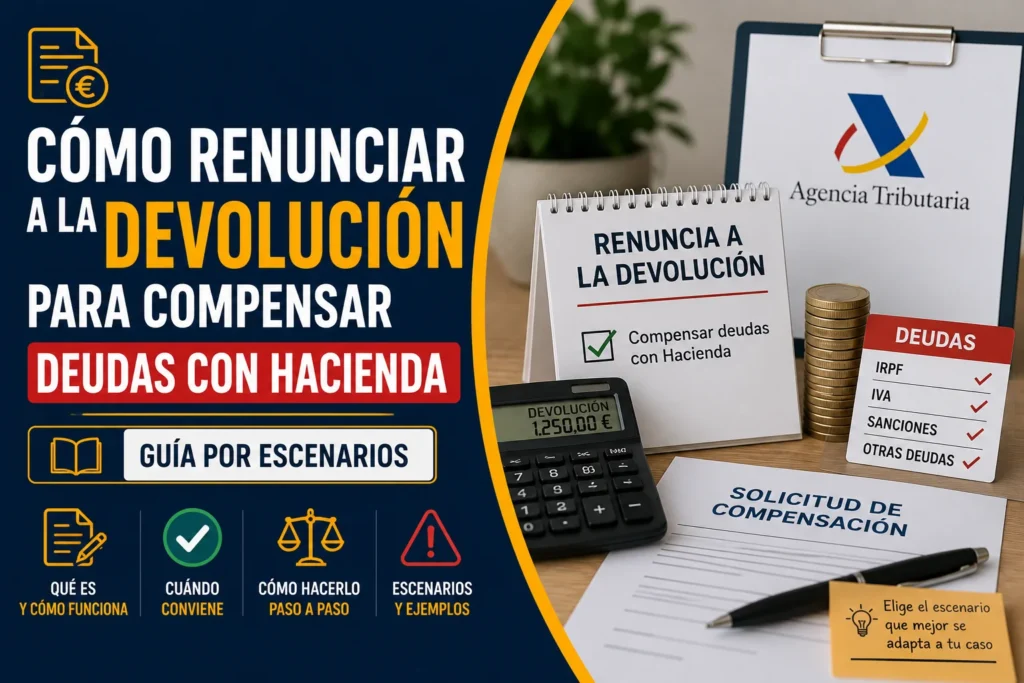 Infografía sobre cómo renunciar a la devolución de la declaración de la renta para compensar deudas con Hacienda, con información sobre los escenarios posibles, el procedimiento y los requisitos.