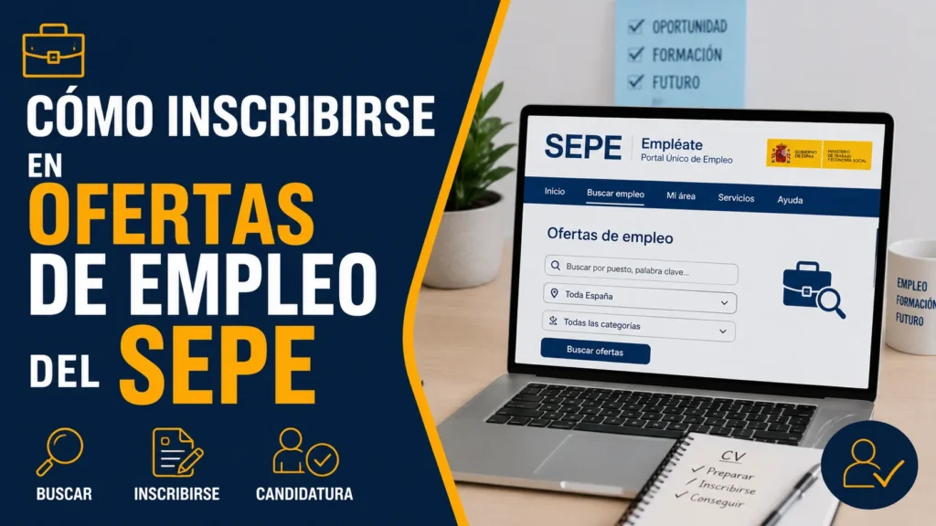 Persona consultando ofertas de empleo del SEPE en un ordenador portátil para inscribirse en una candidatura a través del portal oficial Empléate.