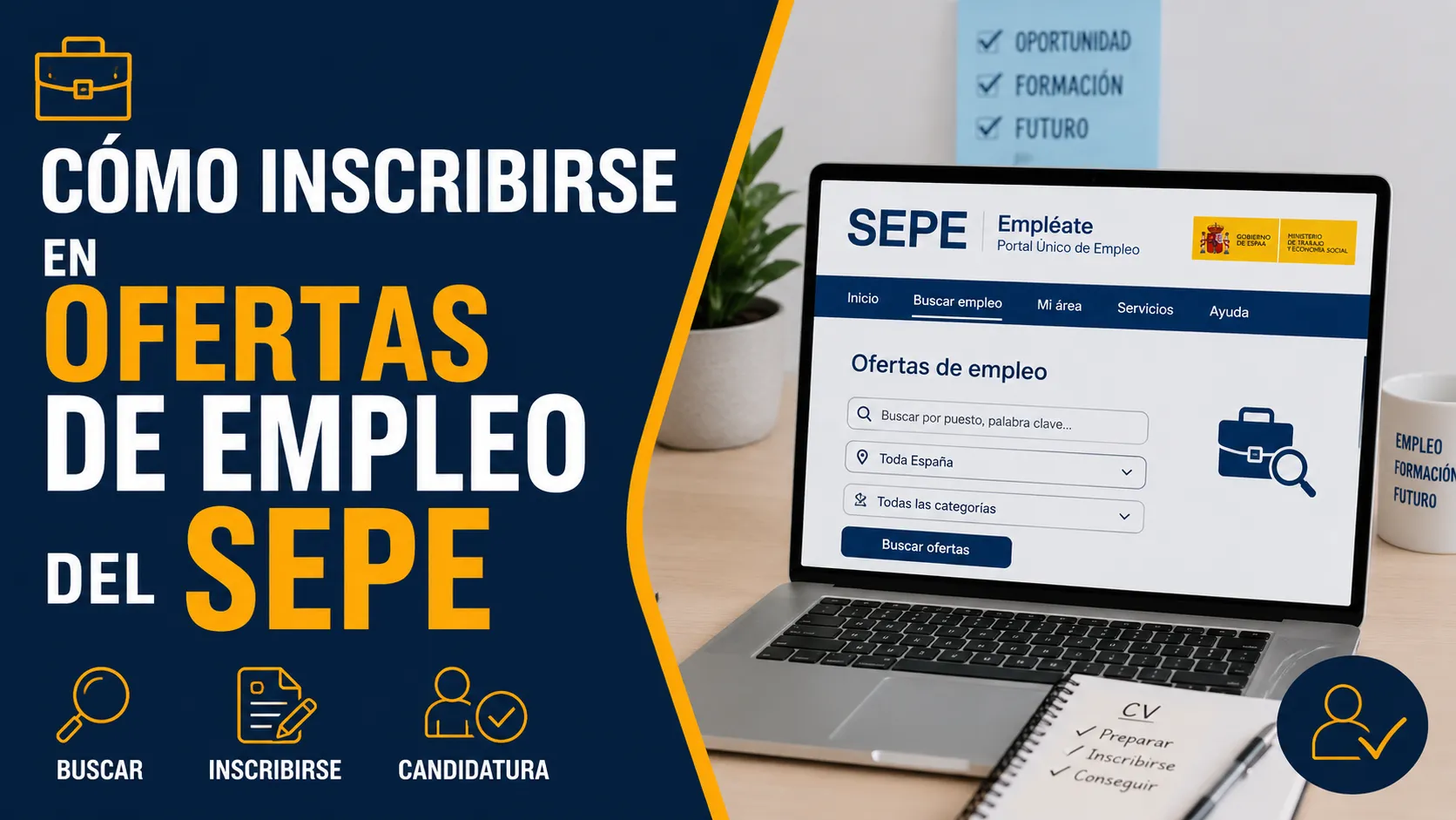 Persona consultando ofertas de empleo del SEPE en un ordenador portátil para inscribirse en una candidatura a través del portal oficial Empléate.