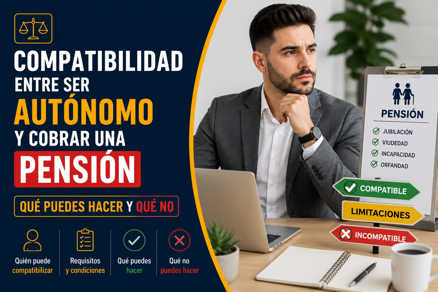 Infografía sobre la compatibilidad entre ser autónomo y cobrar una pensión en España, con información sobre los requisitos, las situaciones compatibles y las limitaciones legales.