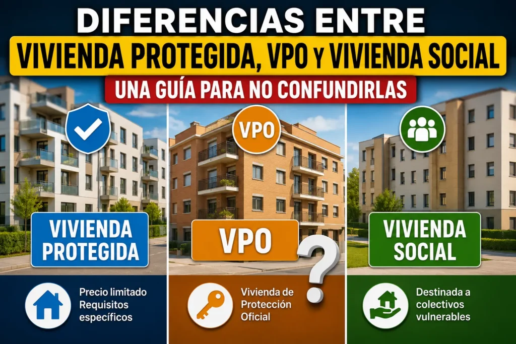 Infografía comparativa sobre las diferencias entre vivienda protegida, VPO y vivienda social, explicando las características principales de cada modalidad de acceso a la vivienda en España.