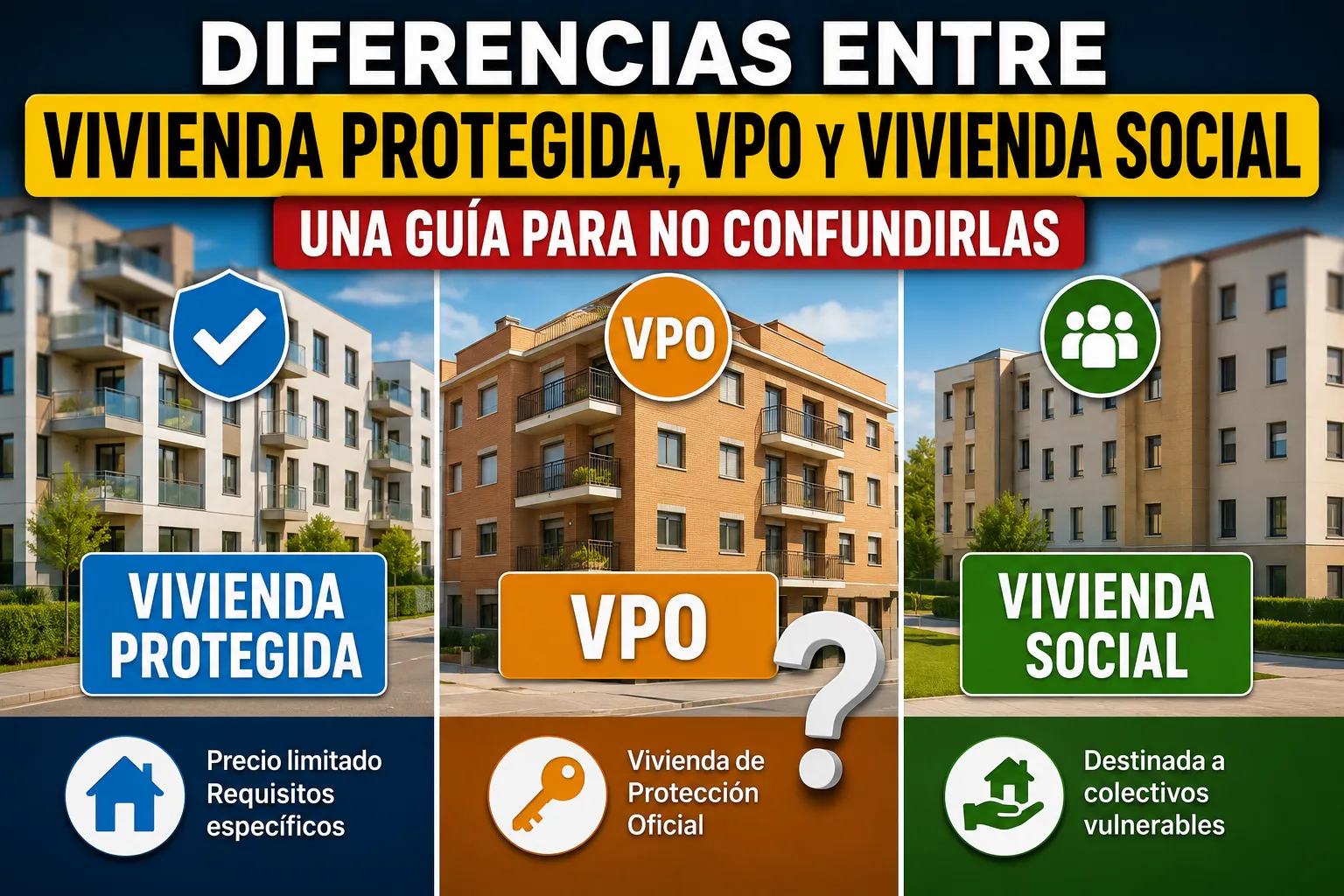 Infografía comparativa sobre las diferencias entre vivienda protegida, VPO y vivienda social, explicando las características principales de cada modalidad de acceso a la vivienda en España.