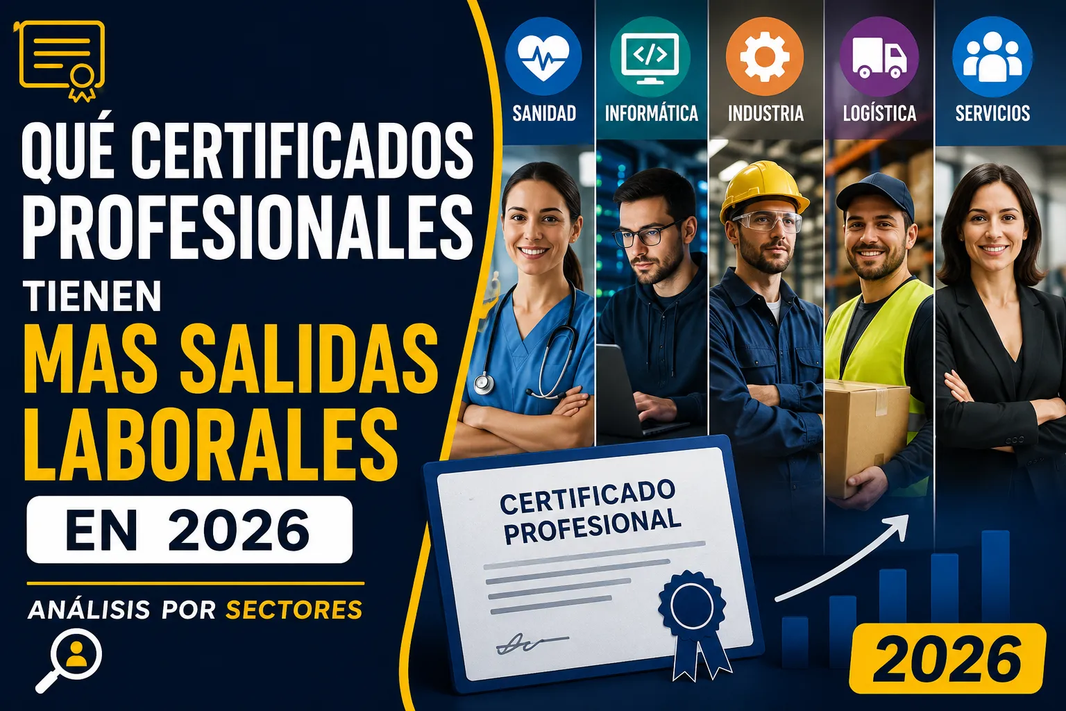 Infografía sobre los certificados profesionales con más salidas laborales en 2026, destacando los sectores de sanidad, informática, industria, logística y servicios.